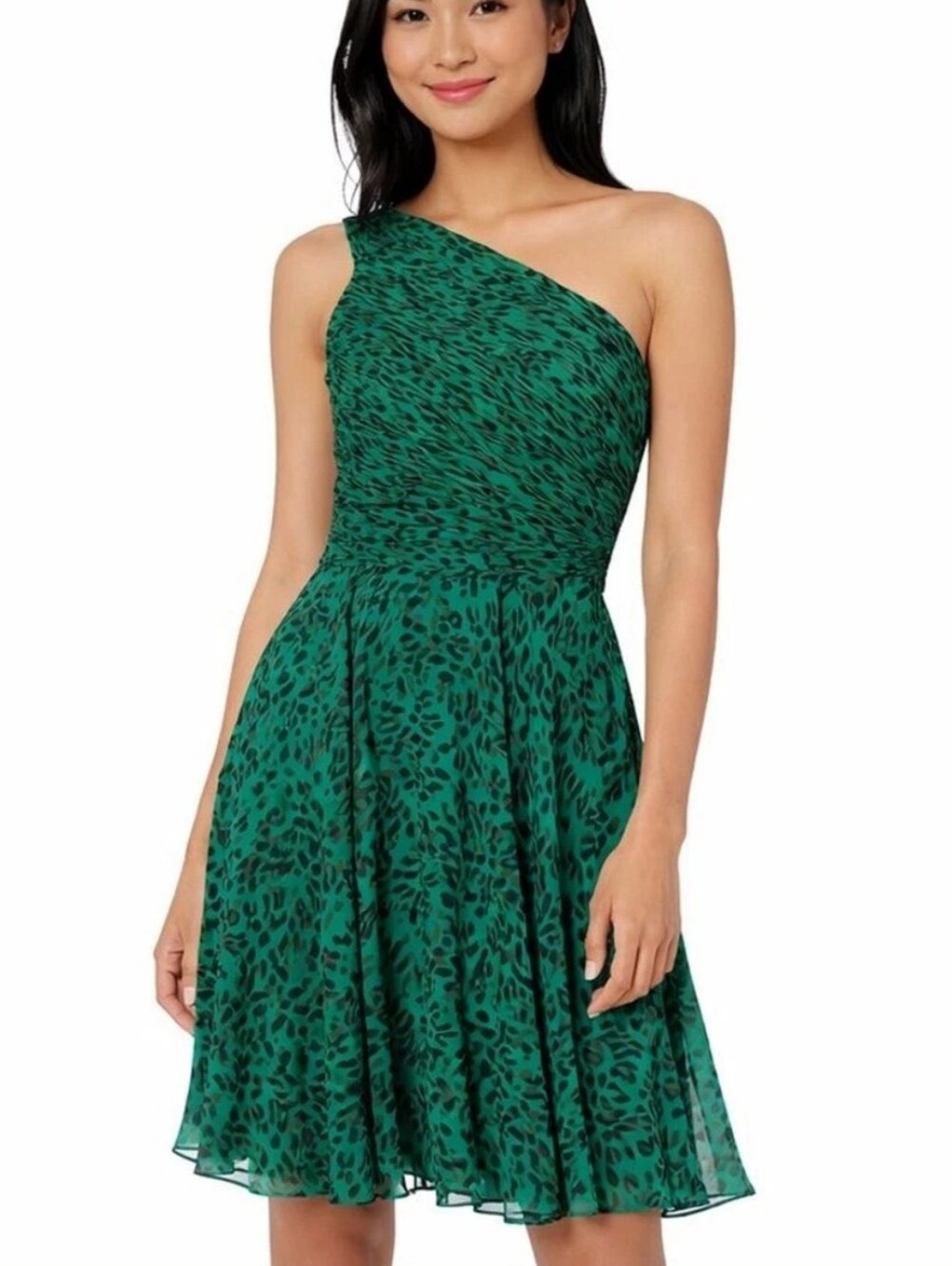 Halston Heritage One-Shoulder Green Leopard Print Ruched Cocktail Dress